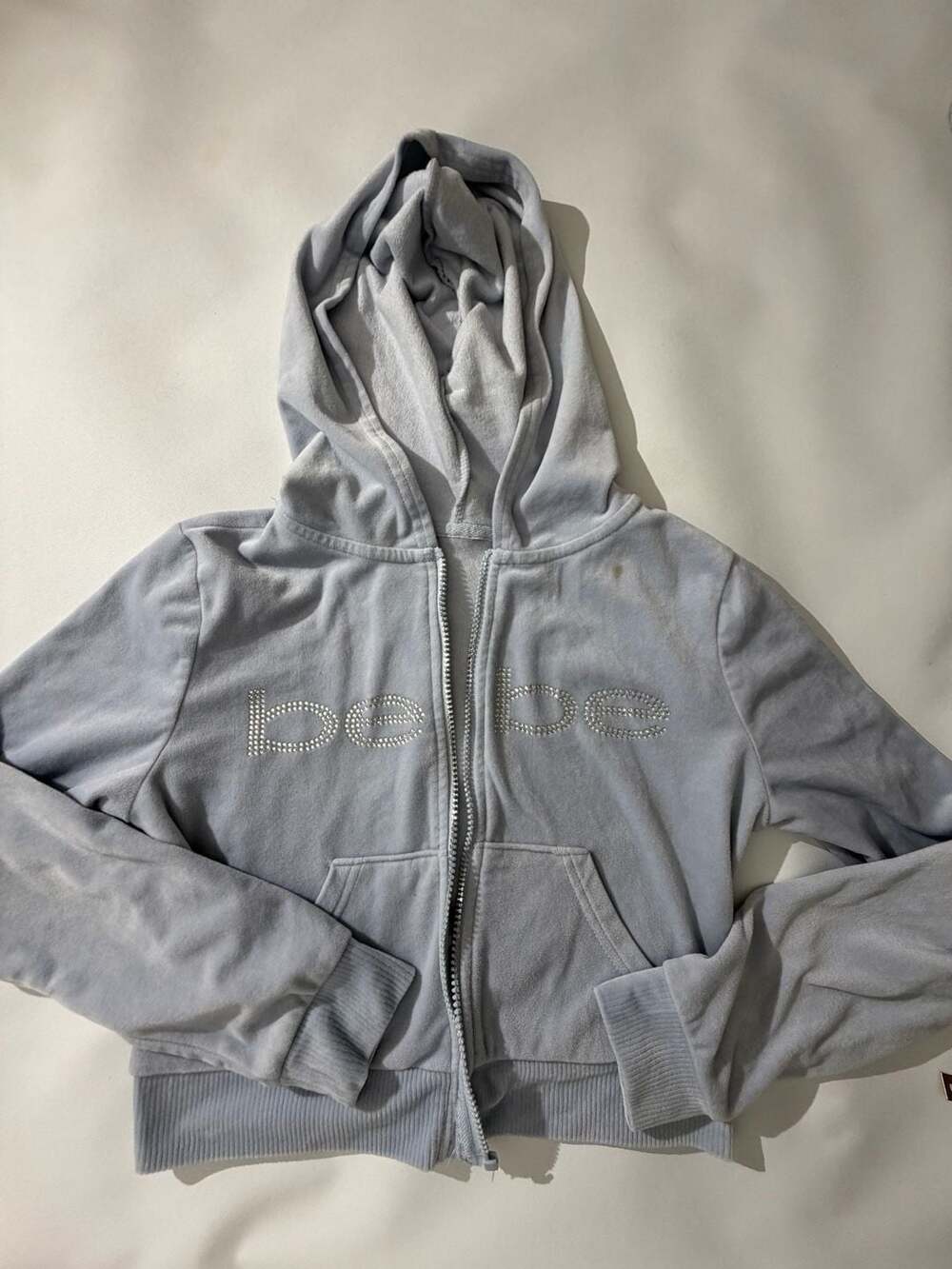 Bebe Baby Blue Velour Rhinestone Zip Hoodie Y2K Juicy Track Jacket